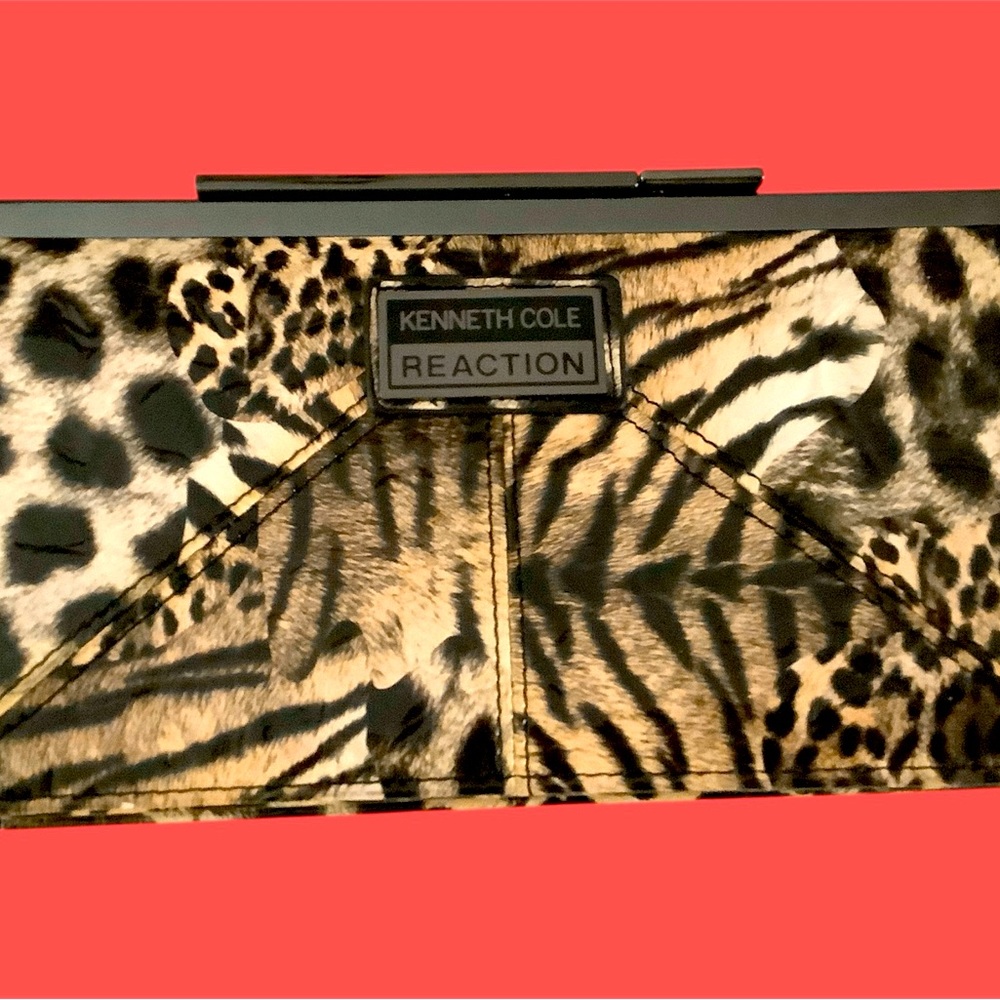 Kenneth Cole Black and Brown animal print wallet. Slim with card slots, NEW